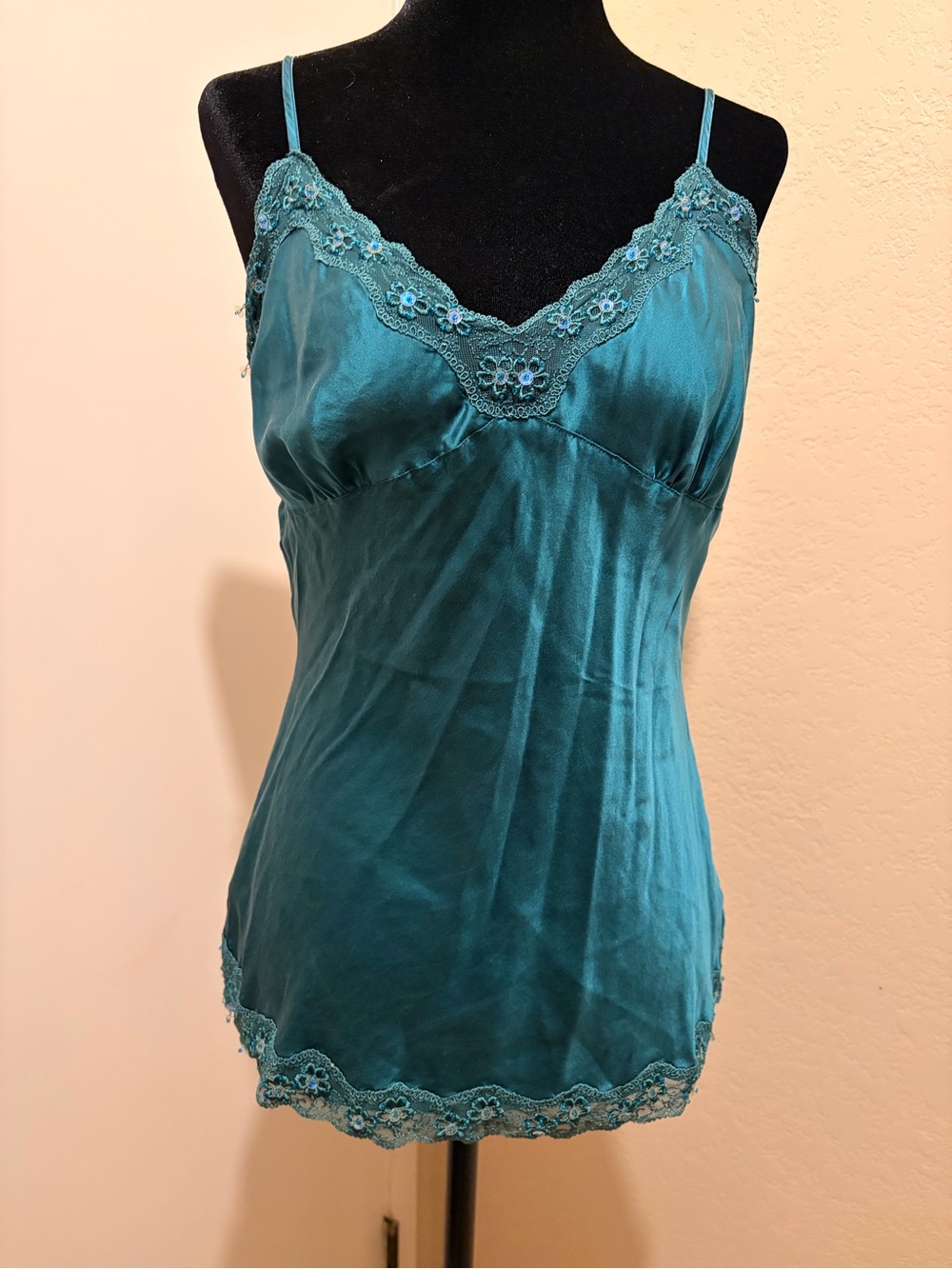 Ninety 100% Silk Lace Trim Camisole Tank Top Sequin Teal Green Size L